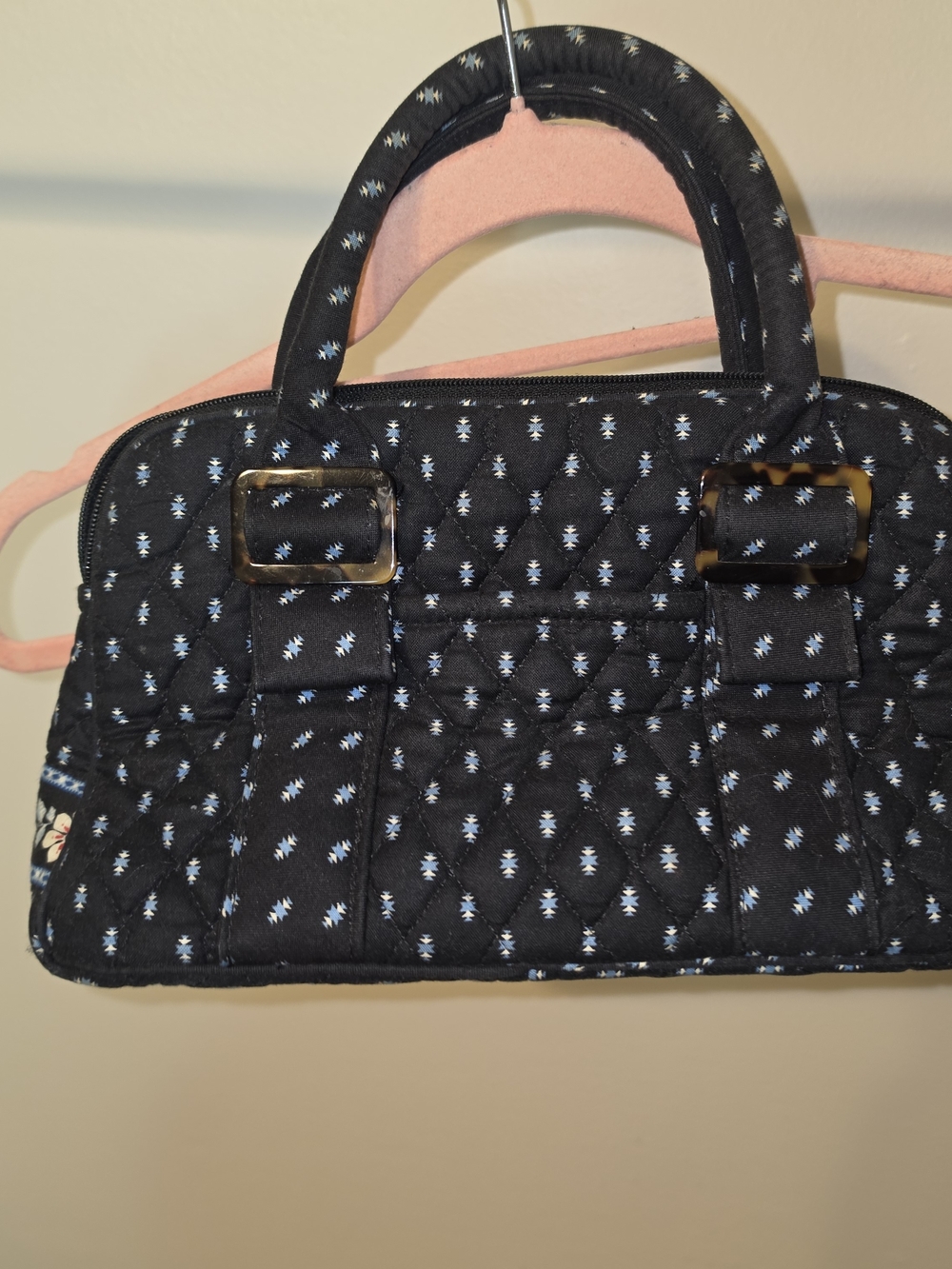 Vera Bradley Black Quilted Shoulder Satchel with White Dot Pattern